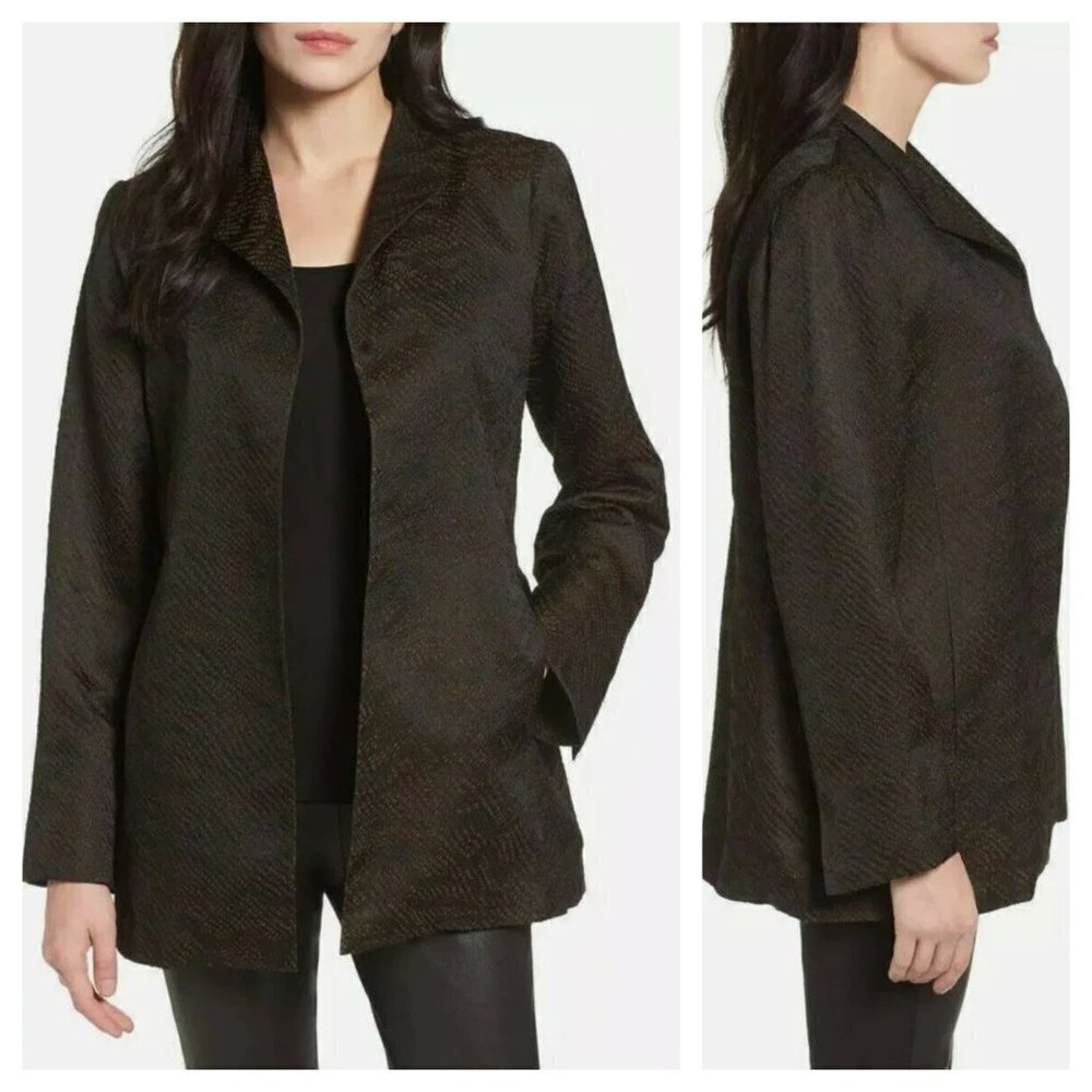 +NEW Eileen Fisher Size M Silk Blend Jacquard Wave Blazer Jacket Black Brown